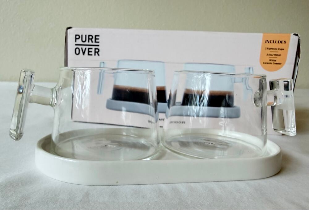 Pure Over Borosilicate Glass Espresso Cups Set of 2 w/ Coaster In Original Box